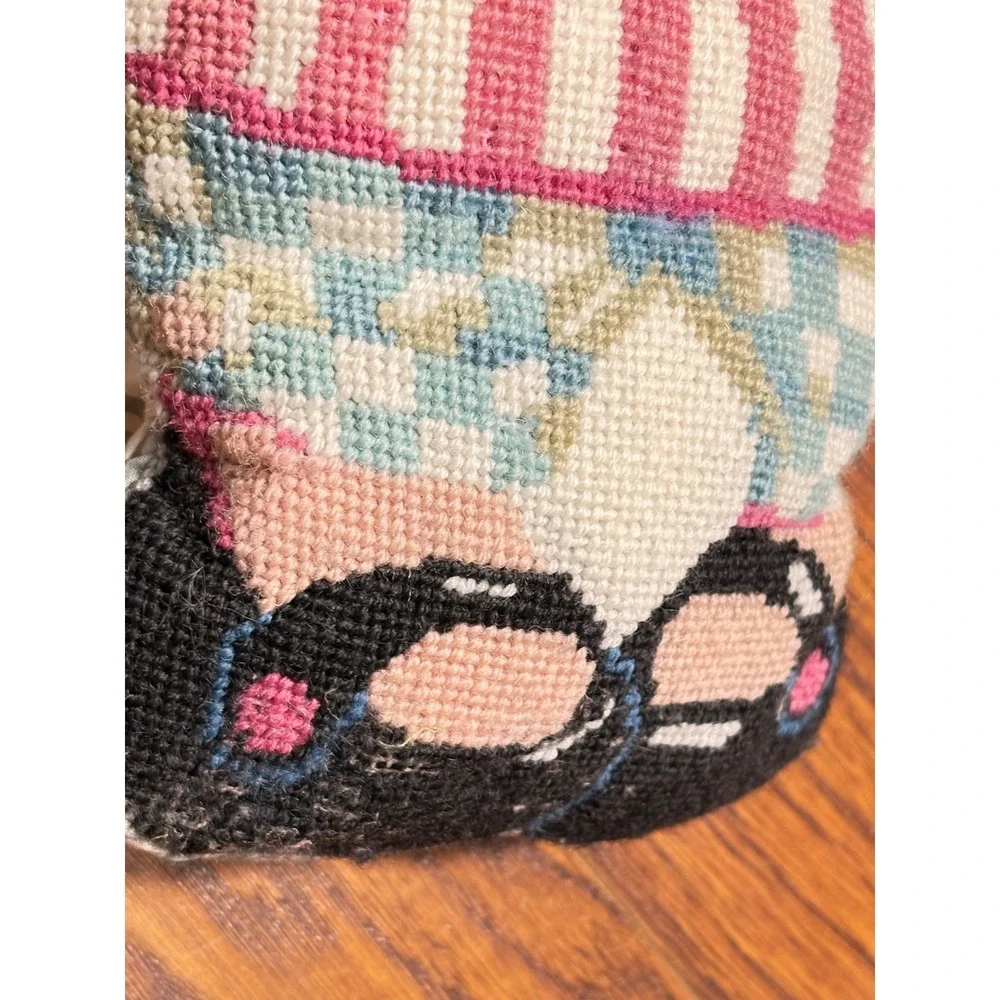 Vintage Handmade Needlepoint Doll Pillow Sunflower Girl Lace Ticking Stripe 13